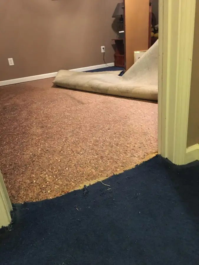Carpet pad removal revealing water damage during Water Mitigation Services in Stevens Point